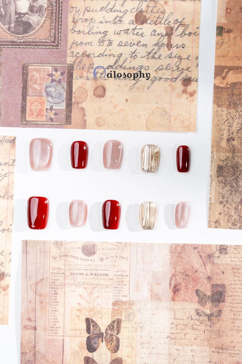 Nailosophy Handmade Luxury Press-on Nails Burgundy Red & Champagne Ripple | Square Shape - Image 2